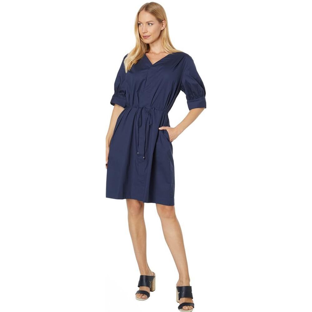 HALSTON H 3/4 Sleeve‎ Banded Wrap Shirt Dress Navy Cotton, XS